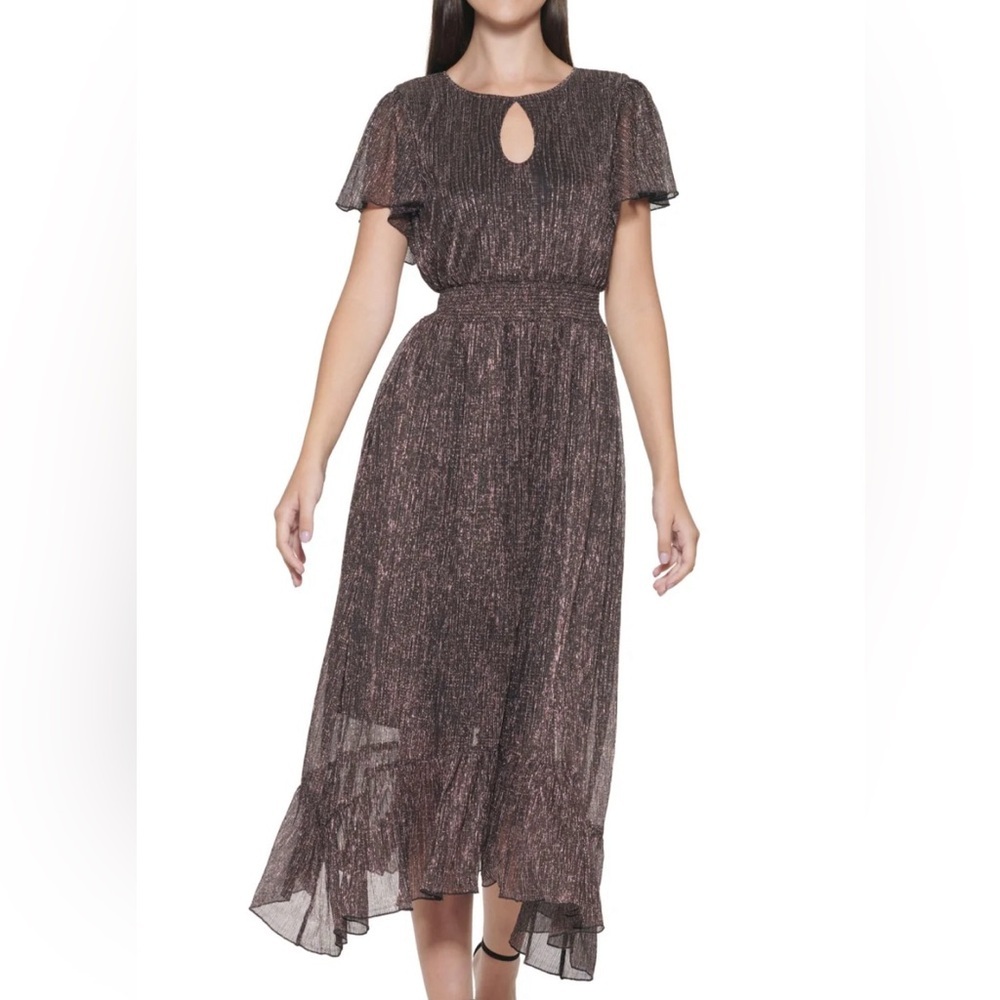 KENSIE Dress Size 8 Black Smocked Ruffled Keyhole Flutter Sleeve Fit + Flare NEW - Picture 6 of 11